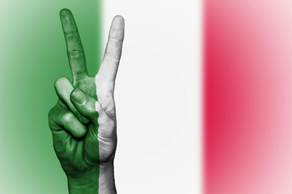 A peace sign gesture overlaid with the Italian flag colors, symbolizing peace and patriotism.