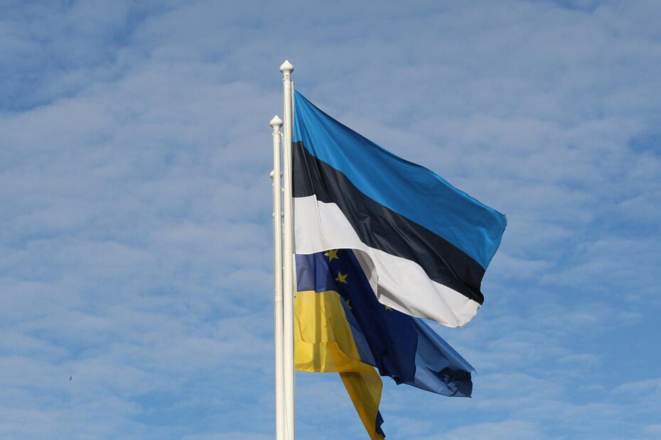 National flags of Estonia, Ukraine, and the EU waving against a clear blue sky. Symbolic and vibrant.